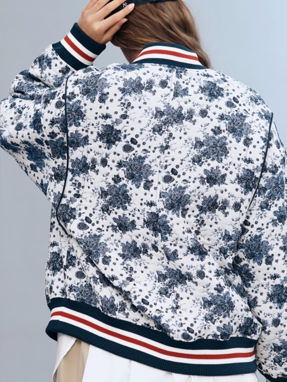 Maeve Floral Quilted Bomber Jacket in Navy & White - Picture 3 of 15